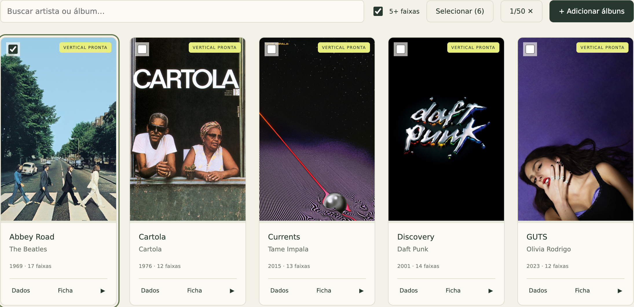 Primeira linha da coleção com Abbey Road, Cartola, Currents, Discovery e GUTS