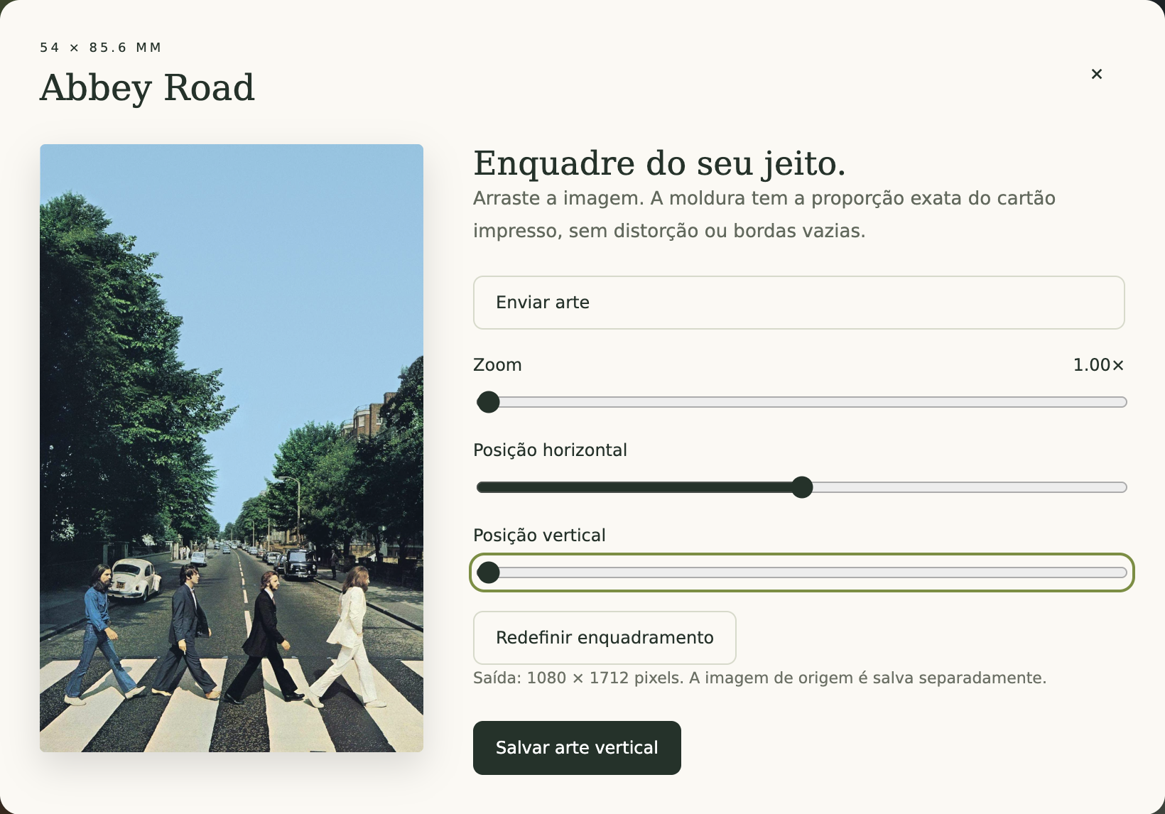 Editor de Abbey Road com controles de zoom e posição e prévia vertical