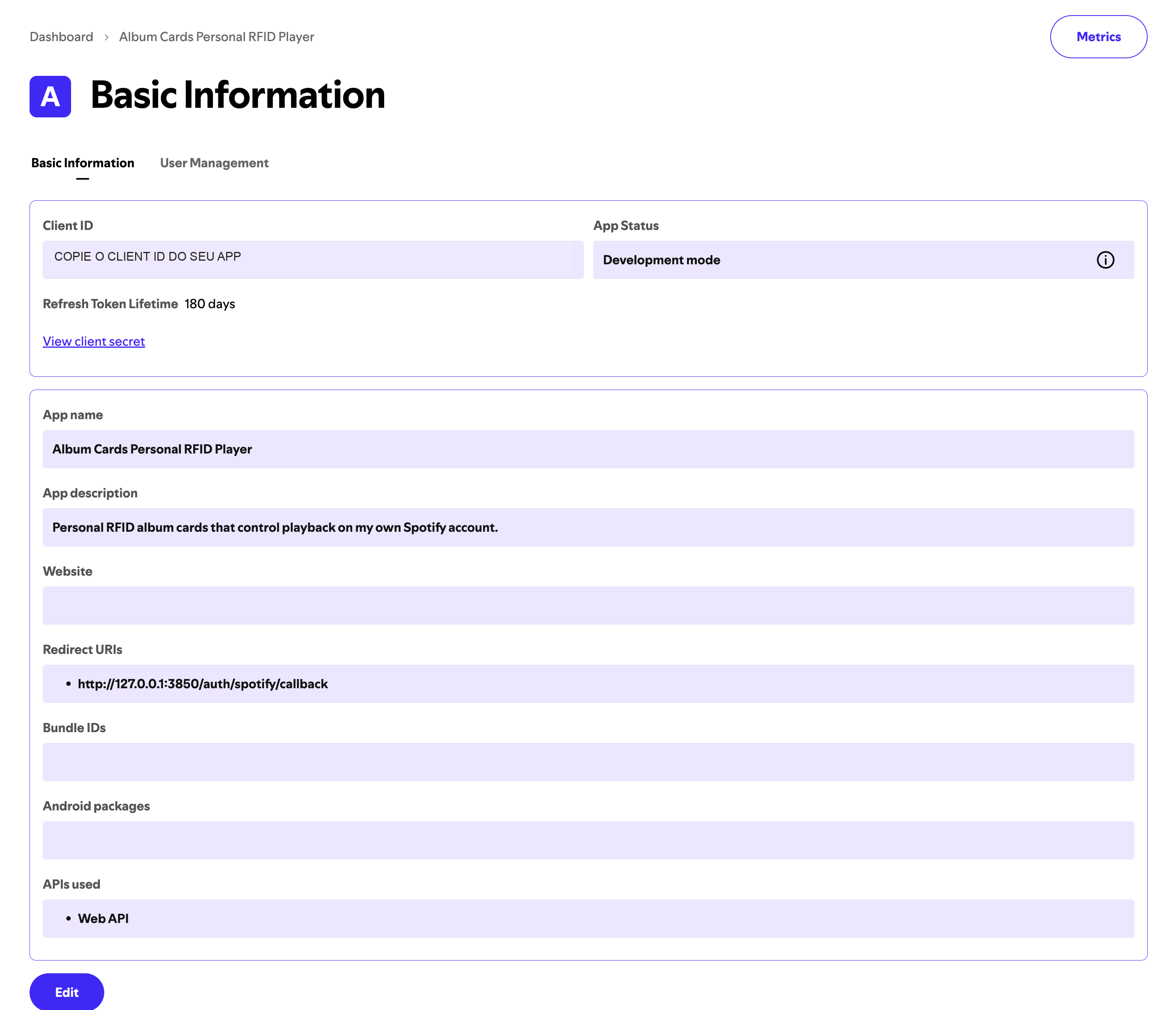 Spotify Developer Dashboard com Web API e callback configurados